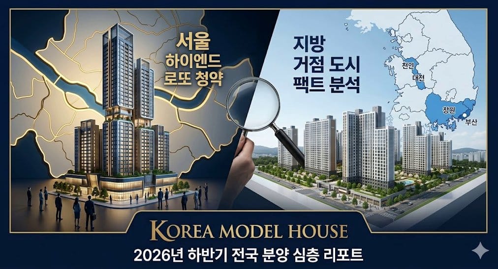 2026년 하반기 전국 분양 리포트 진행하며 서울 로또 청약과 지방 거점 도시 대장주 분양 시장의 극단적 양극화 현상을 시각적으로 분석한 메인 타이틀 이미지