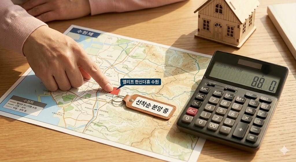 깔끔한 나무 책상 위에 놓인 대출 상담 서류와 검은색 계산기 그리고 고급 만년필
