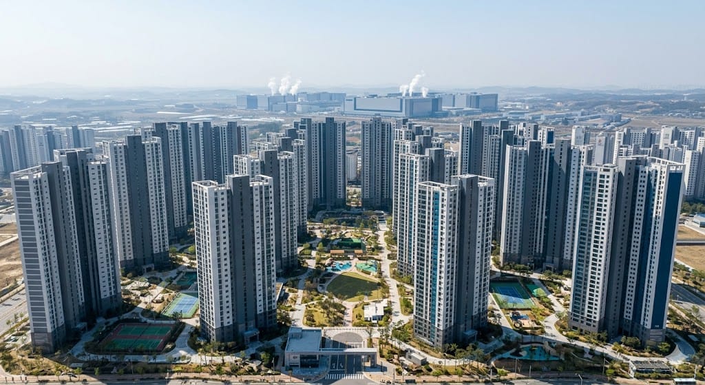 지방 아파트 분양 넓고 쾌적한 도로와 어우러지는 깔끔한 신도시 아파트 단지 모습