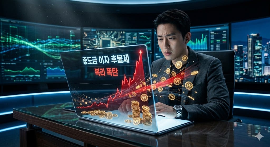 태블릿으로 중도금 이자 후불제로 인해 불어난 복리 이자 폭탄 그래프를 확인하는 남성