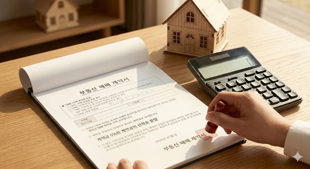 부동산 매매 계약서 위에 찍히는 빨간색 도장과 계약을 마무리하는 손의 모습