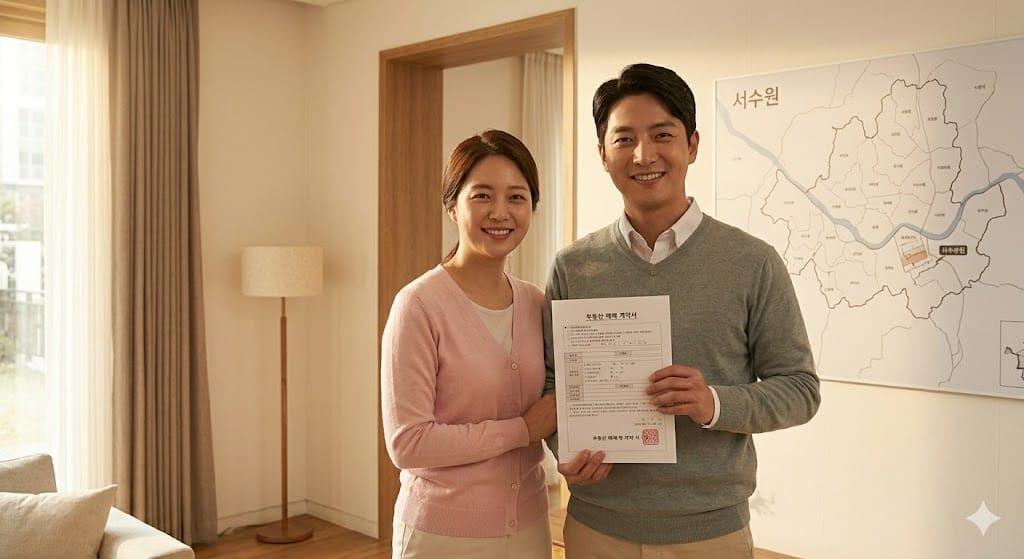 따뜻한 햇살이 비치는 거실에서 행복한 표정으로 대화를 나누는 가족의 모습을 담은 이미지로, 청약 당첨을 통한 내 집 마련의 꿈을 시각적으로 표현했습니다.