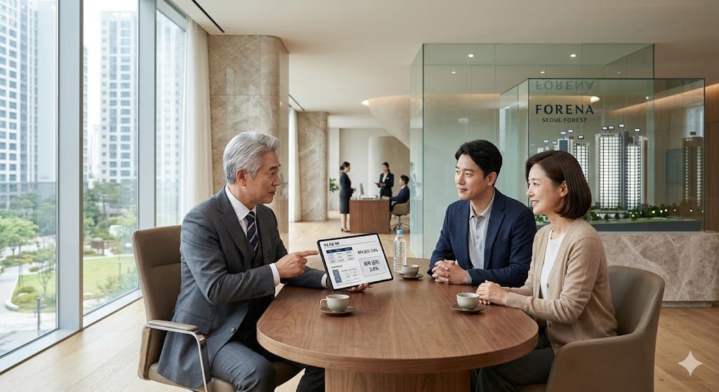 코리아 모델하우스 전문가가 고객에게 태블릿으로 주택담보대출 최적화 전략과 자금 조달 계획을 설명하는 모습