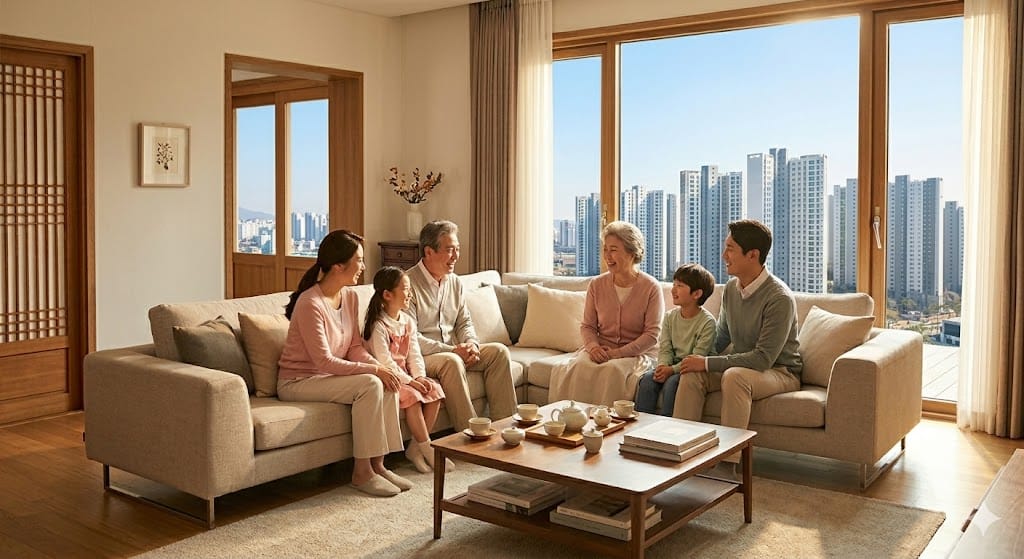 수도권 아파트 분양 정보를 보며 맑은 하늘 아래 우뚝 솟은 수도권 핵심 지역의 대규모 신축 아파트 단지 전경