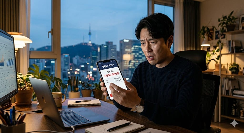 스마트폰 주담대 계산기로 예상보다 높은 월 원리금 상환액을 확인하고 당황하는 남성