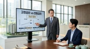 전문가가 모니터를 통해 고객에게 고정금리와 변동금리 선택에 따른 주담대 방어 전략을 설명하는 모습