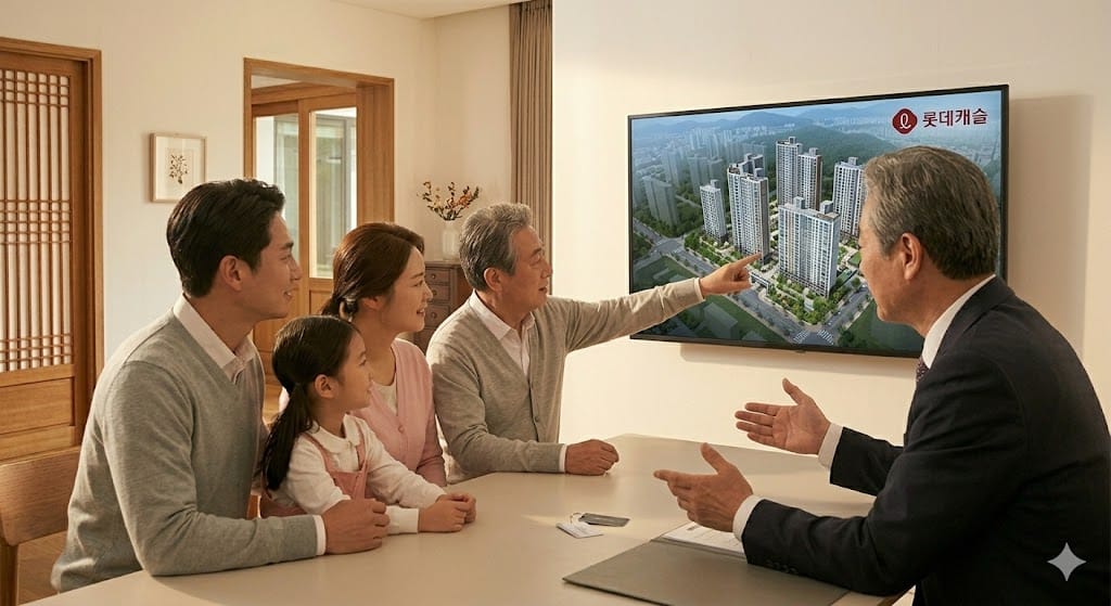 태블릿 PC 화면에 띄워진 부동산 시장 분석 데이터를 함께 보며 진지하게 상의하는 가족의 모습