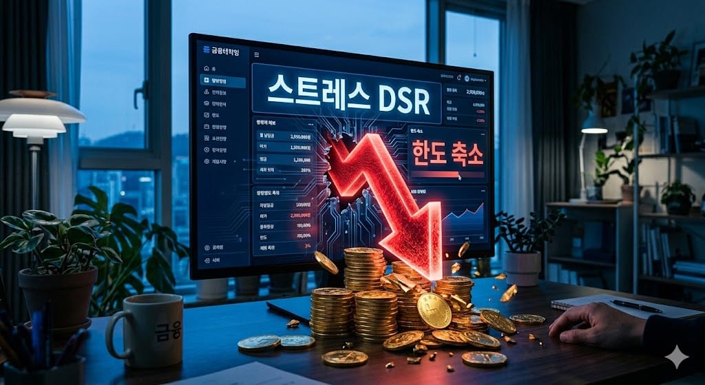 모니터 화면에 뜬 스트레스 DSR 계산기에서 대출 한도가 대폭 축소된 결과를 보여주는 금융 데이터