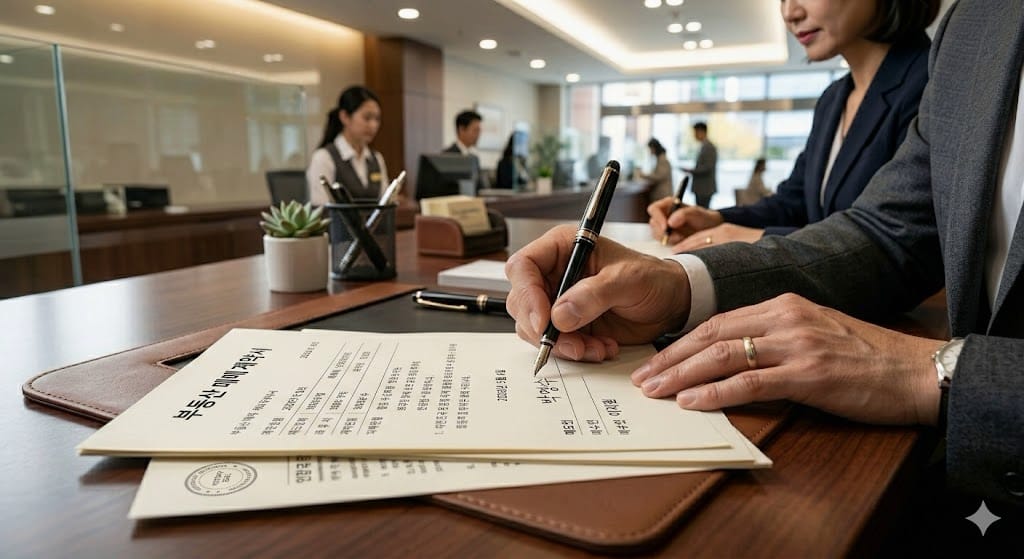 은행 창구에서 펜을 쥐고 아파트 매매 관련 서류에 서명하고 있는 사람의 손