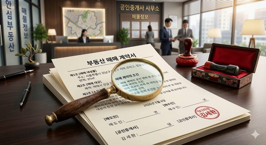 공인중개사 사무소 테이블 위에 펼쳐진 아파트 매매 계약서와 돋보기