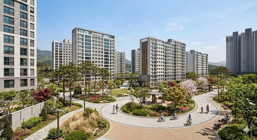 조경이 깔끔하게 정돈되고 입주를 마친 대단지 신축 아파트 전경