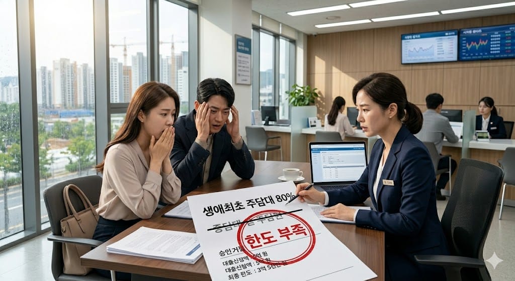 은행 창구에서 생애최초 주담대 80% 한도 부족 판정을 받고 당황하는 젊은 부부의 모습