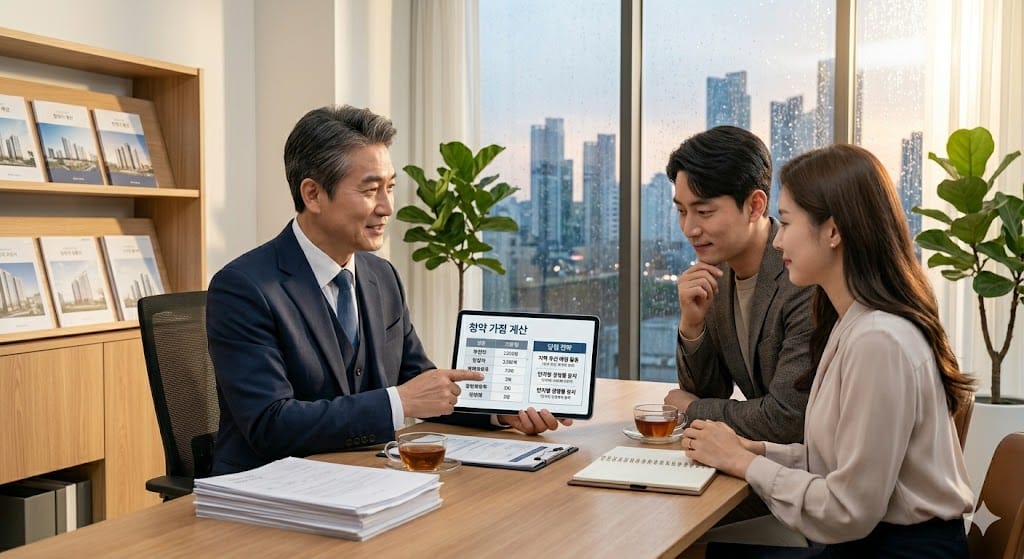태블릿 피씨로 청약 가점 계산과 당첨 전략을 고객에게 설명하는 부동산 전문가