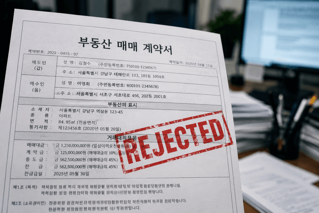보증보험 가입 거절 심사 통보가 찍힌 임대차 행정 서류 서식
