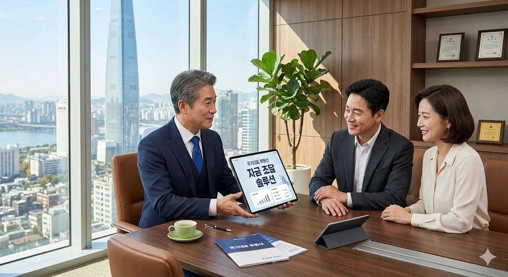 전문가가 태블릿으로 국가대표 부동산의 자금 조달 솔루션을 고객에게 설명하는 모습