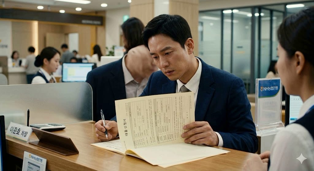 은행 창구에 앉아 중도금 대출 승계 관련 서류를 심각한 표정으로 검토하는 사람