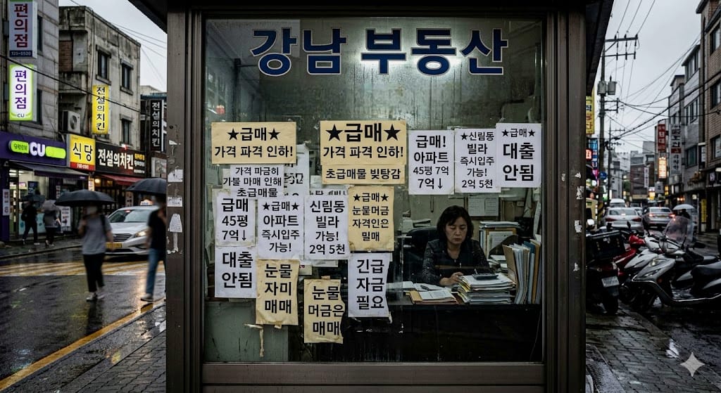 부동산 중개업소 유리창에 빼곡하게 붙어있는 분양권 급매 및 마이너스 프리미엄 전단지