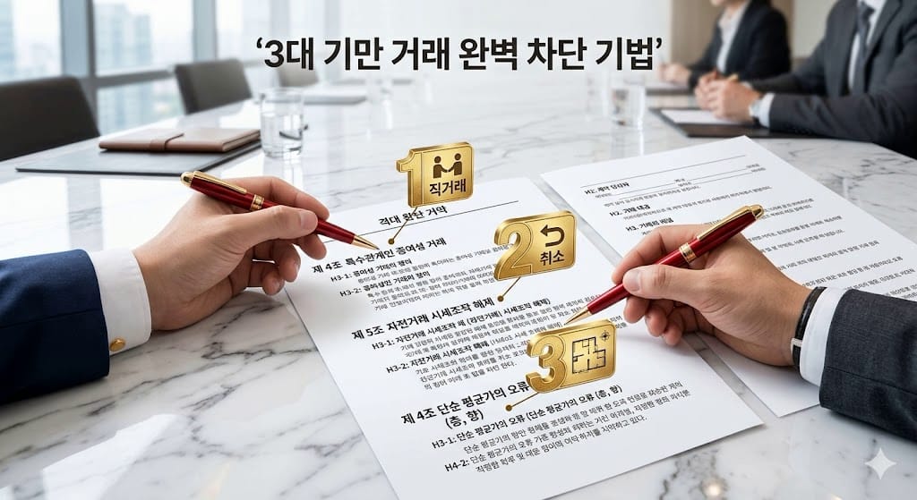 부동산 계약서 위 기만 거래 차단 항목을 펜으로 짚고 있는 모습