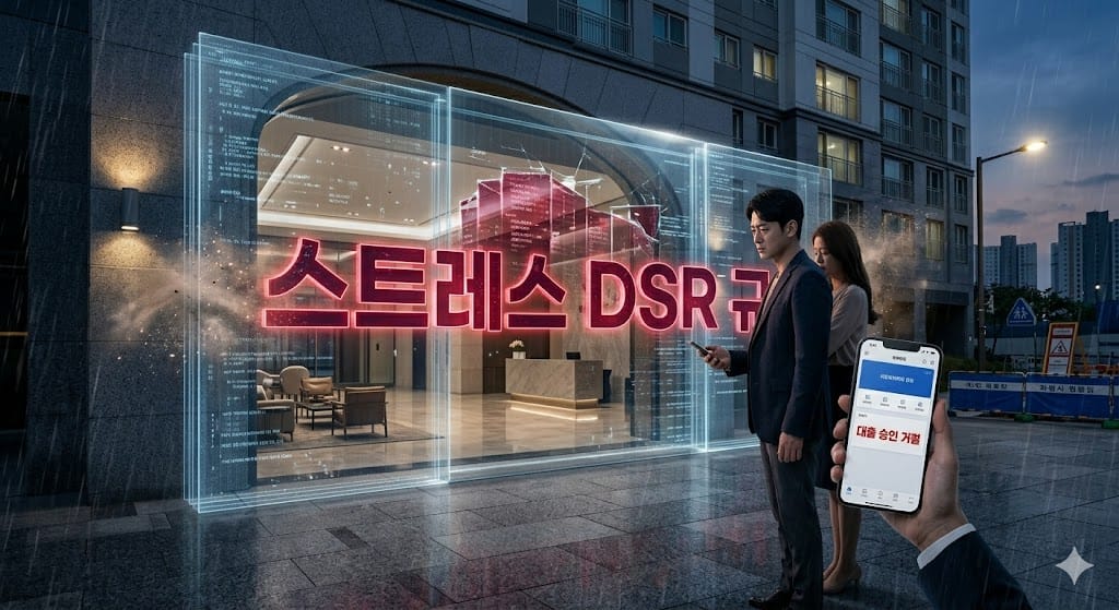 신축 아파트 입구를 막고 있는 스트레스 DSR 규제 장벽 앞에서 대출 거절 메시지를 확인하는 남성