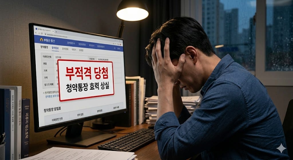 컴퓨터 모니터에 부적격 당첨 및 청약통장 효력 상실 경고문이 떠 있고 그 앞에서 좌절하는 남성