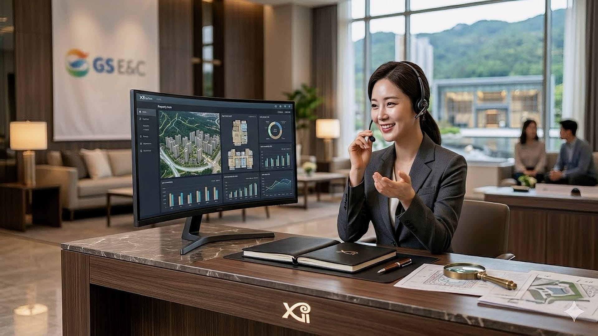 자이 로고가 새겨진 프리미엄 고객센터 데스크에서 직원이 은은한 조명 아래 대표번호 1666-0669로 걸려온 북오산자이 드포레 분양 문의 전화를 받으며 상담하는 모습