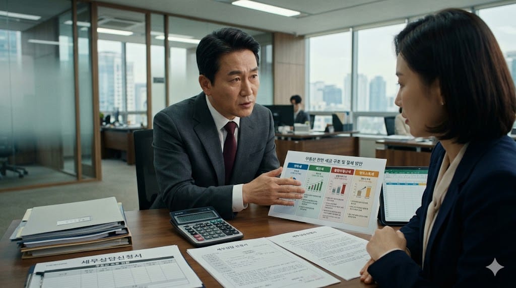 세무 전문가와 고객이 양도소득세 관련 세무 상담을 진행하는 모습