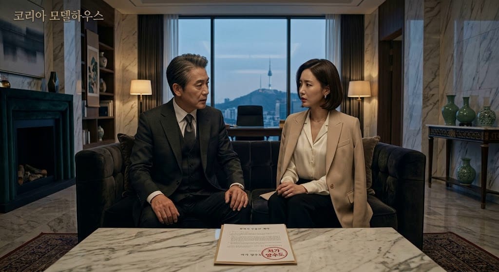 고급스러운 저택 거실에서 분양권 가족 간 거래의 세금 문제로 심각하게 대화하는 기품 있는 아버지와 딸의 모습