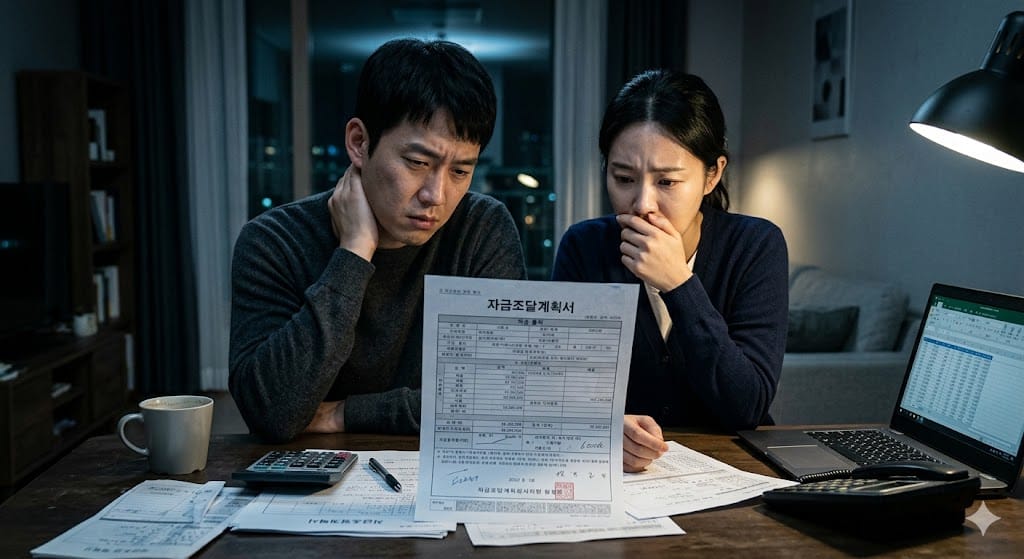 책상에 앉아 주택취득 자금조달계획서 서류를 작성하며 심리적 압박감을 느끼는 젊은 부부의 모습