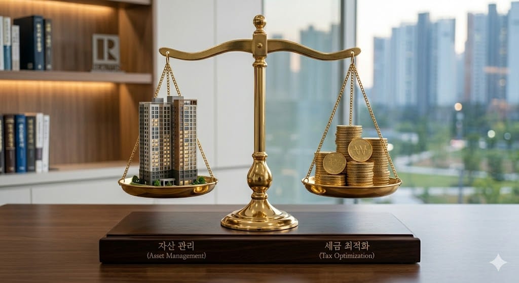 부동산 모형과 금화가 놓인 저울로 절세를 시각화한 모습