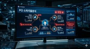 모니터 화면에 국세청 PCI 소득지출분석시스템이 작동하며 자금출처조사 경고가 뜬 첨단 데이터 시각화