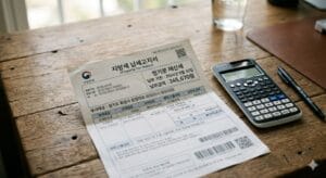 책상 위에 놓인 부동산 재산세 고지서와 계산기