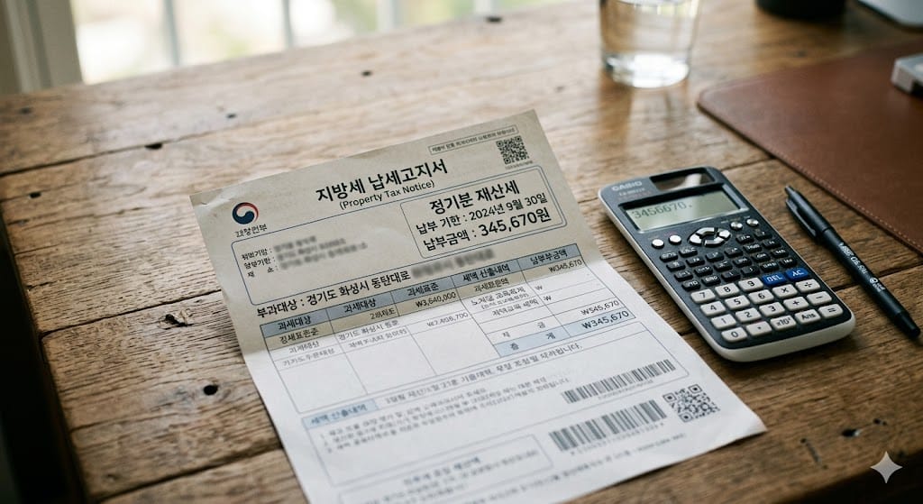 책상 위에 놓인 부동산 재산세 고지서와 계산기