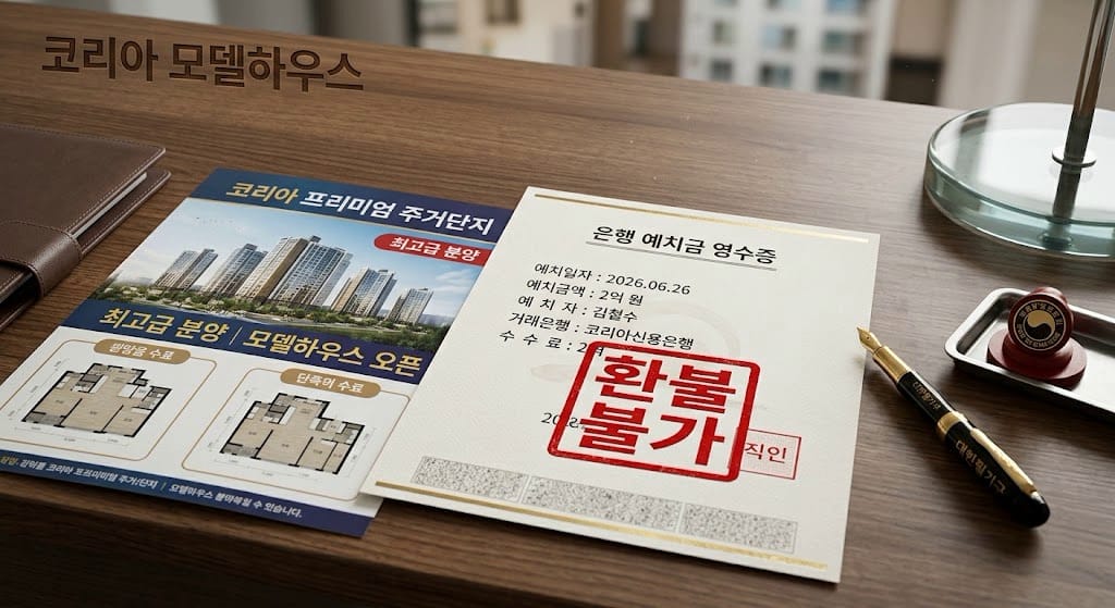 분양 가계약금 환불을 약속했던 입금증 서류 위에 환불 불가라는 붉은색 도장이 찍힌 모습