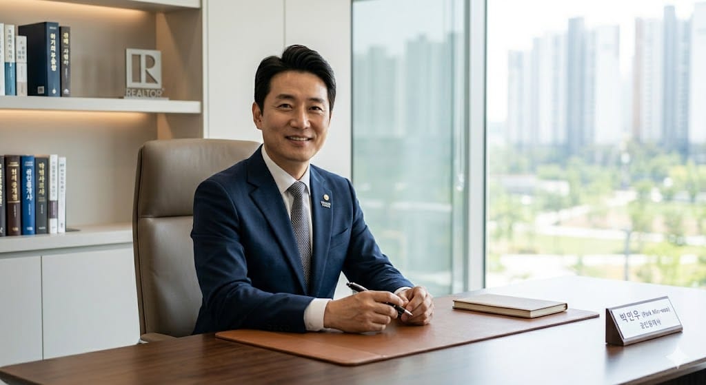 밝은 사무실에 앉아 신뢰감 주는 미소를 짓고 있는 부동산 전문가