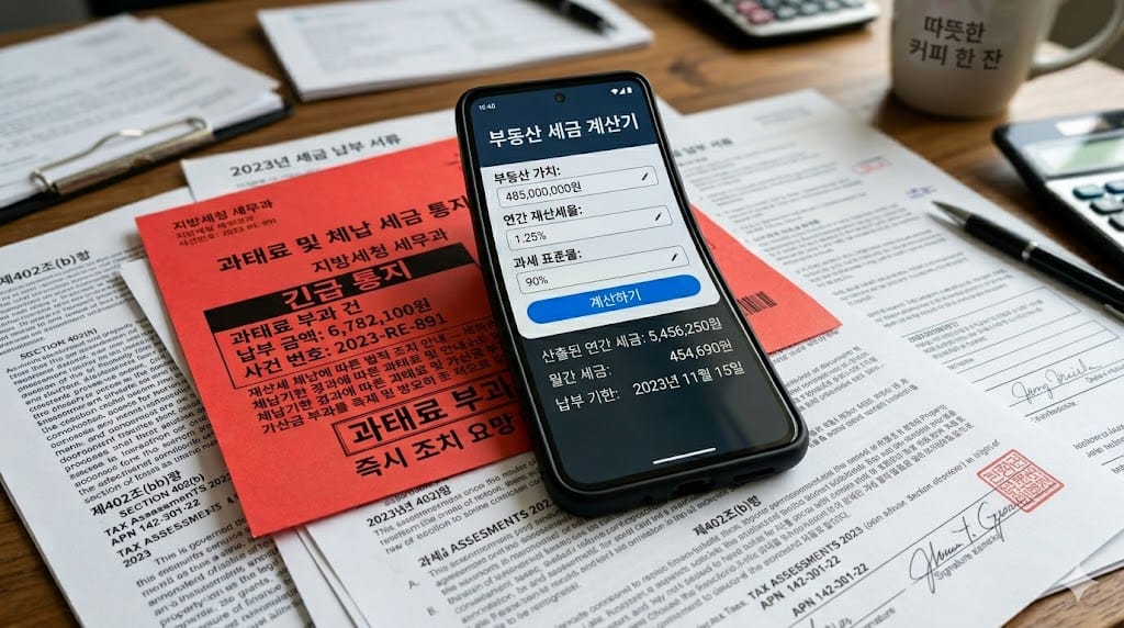 부동산 세금 계산기 앱 화면과 복잡한 세금 고지서