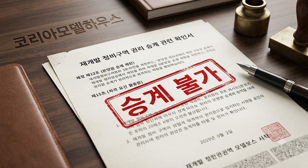 프리미엄을 주고 매수한 재개발 입주권 서류 위로 조합원 자격 승계 불가라는 붉은색 한글 도장이 찍혀 있는 모습