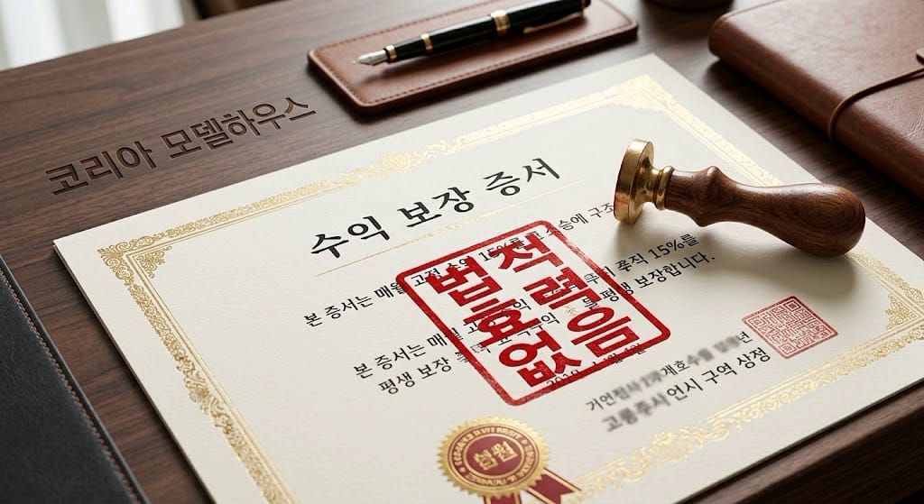 확정 수익을 약속하는 임대수익보장증서 위에 법적 효력 없음이라는 붉은색 도장이 찍힌 모습