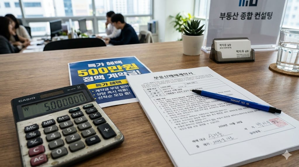 부동산 분양 계약서와 자금 계획용 계산기, 1차 계약금 5백만 원 안내문
