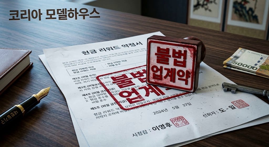 현금 지원을 약속하는 미분양 페이백 확약서 위에 불법 업계약이라는 붉은색 도장이 찍힌 모습