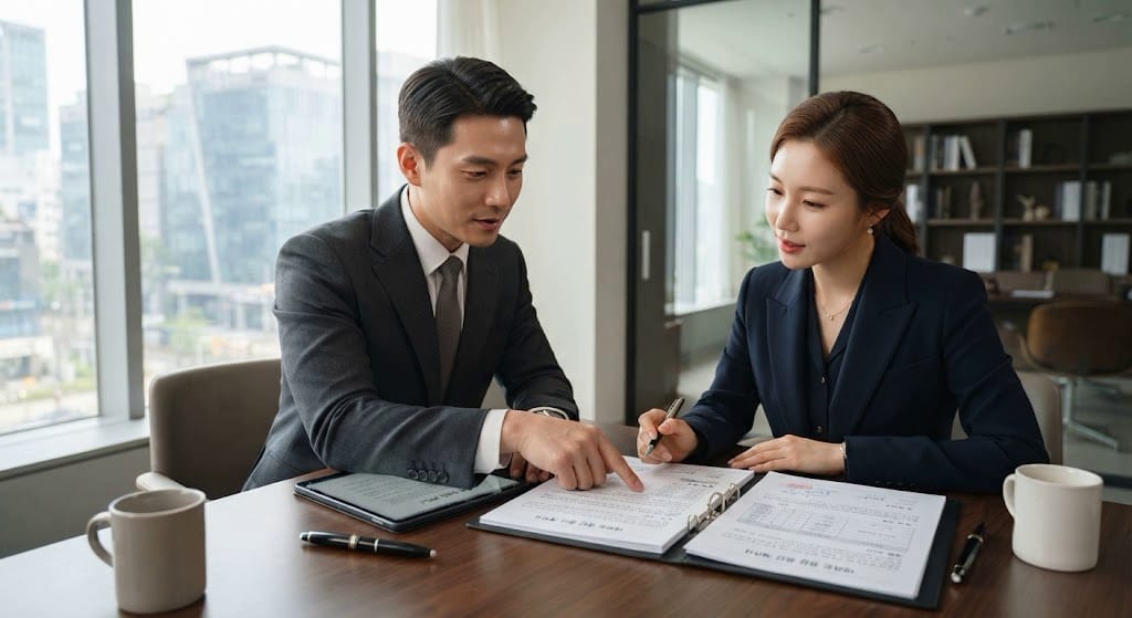 세련된 사무실에서 남녀 전문가가 아파트 옵션 계약 유상 품목 세부 지표 서류를 정밀 검토하는 모습