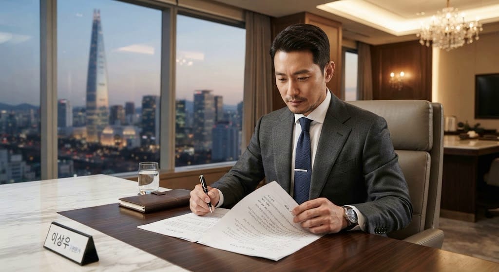 분양 공급 계약서 서류 검토 회의실에서 전문가가 계약금 정액제 관련 공급 계약서 특약 조항을 정밀 검토하는 과정