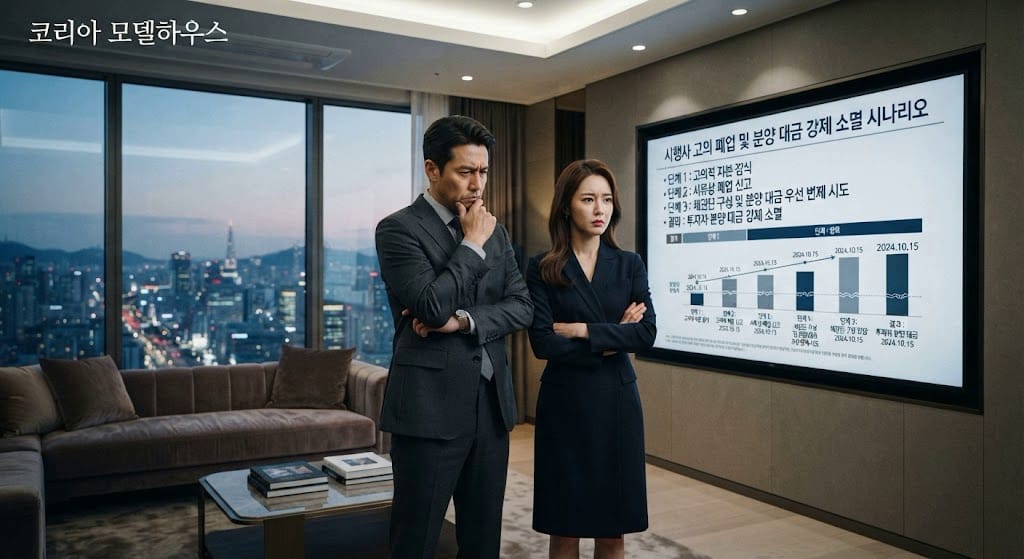분양가 선반영 꼼수 및 자산 잠식 리스크 하이지엔 오피스텔 거실에서 남녀 투자자가 상가 확정수익 지급 약정 부도 시 소급 적용되는 분양 대금 구제 한계 요율 그래프를 확인하는 모습