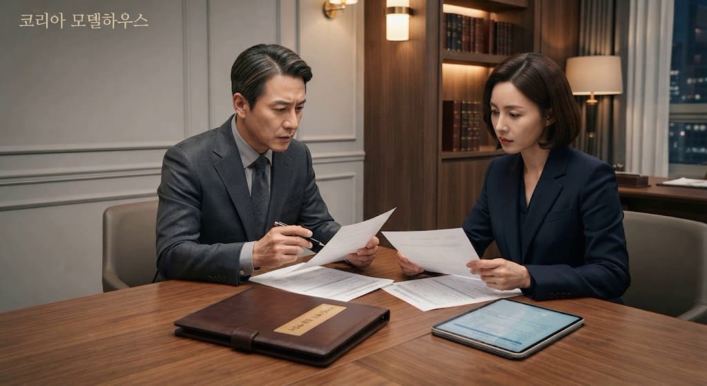 변칙 확정수익 약정의 전산망 리스크 프리미엄 분양 대금 고충 상담실에서 남녀 전문가가 상가 확정수익 지급 약정 시행사 도산 리스크 지표 서류를 정밀 검토하는 모습
