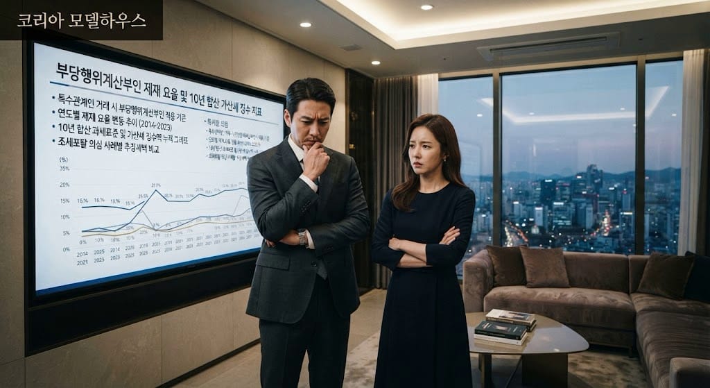 국세청 PCI 전산망에 의거한 세무 감사 소명 최고장 검토 하이지엔 아파트 서재에서 분양권 특수관계인 증여 적발 시 소급 적용되는 가산세 요율을 확인하는 모습