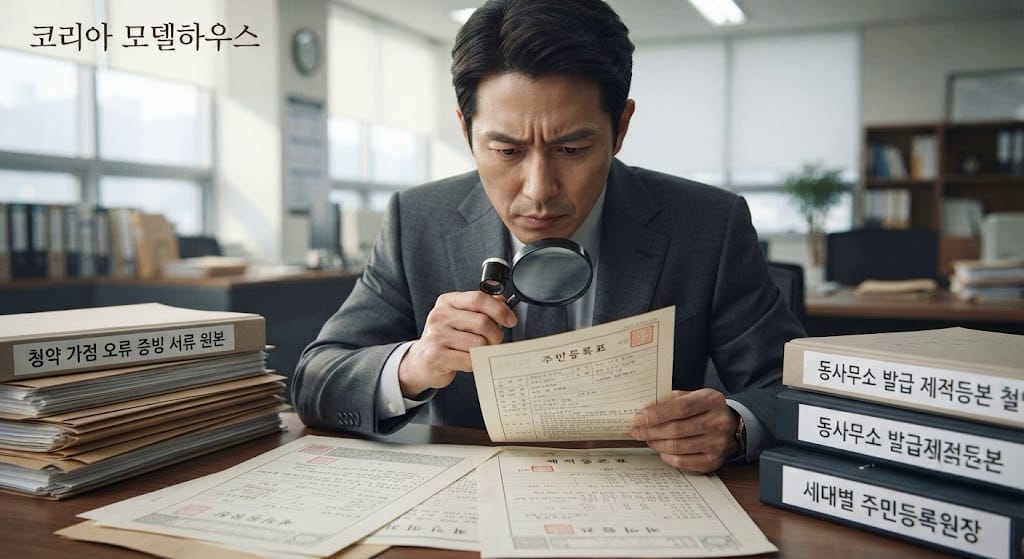 전문가가 청약 부적격 당첨 구제 검증을 위해 주민등록 서류 원본을 대조하는 과정